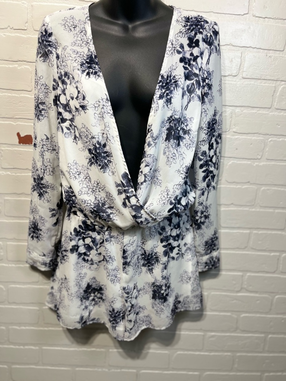 Free People White Blouse with Navy Floral Print jumpsuit